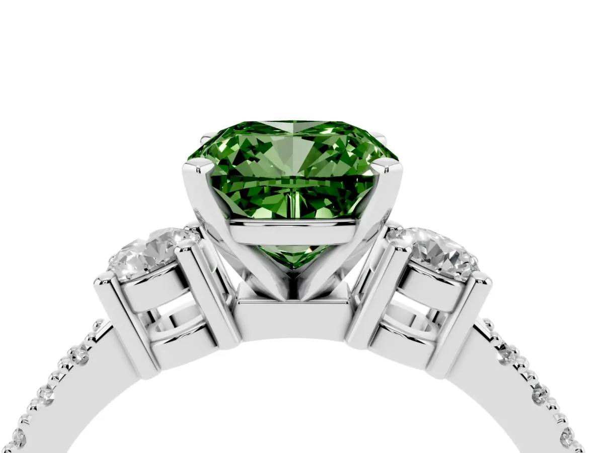 Fancy Green Cushion Cut Three-Stone Diamond Pavé Band with Prong Setting Silver