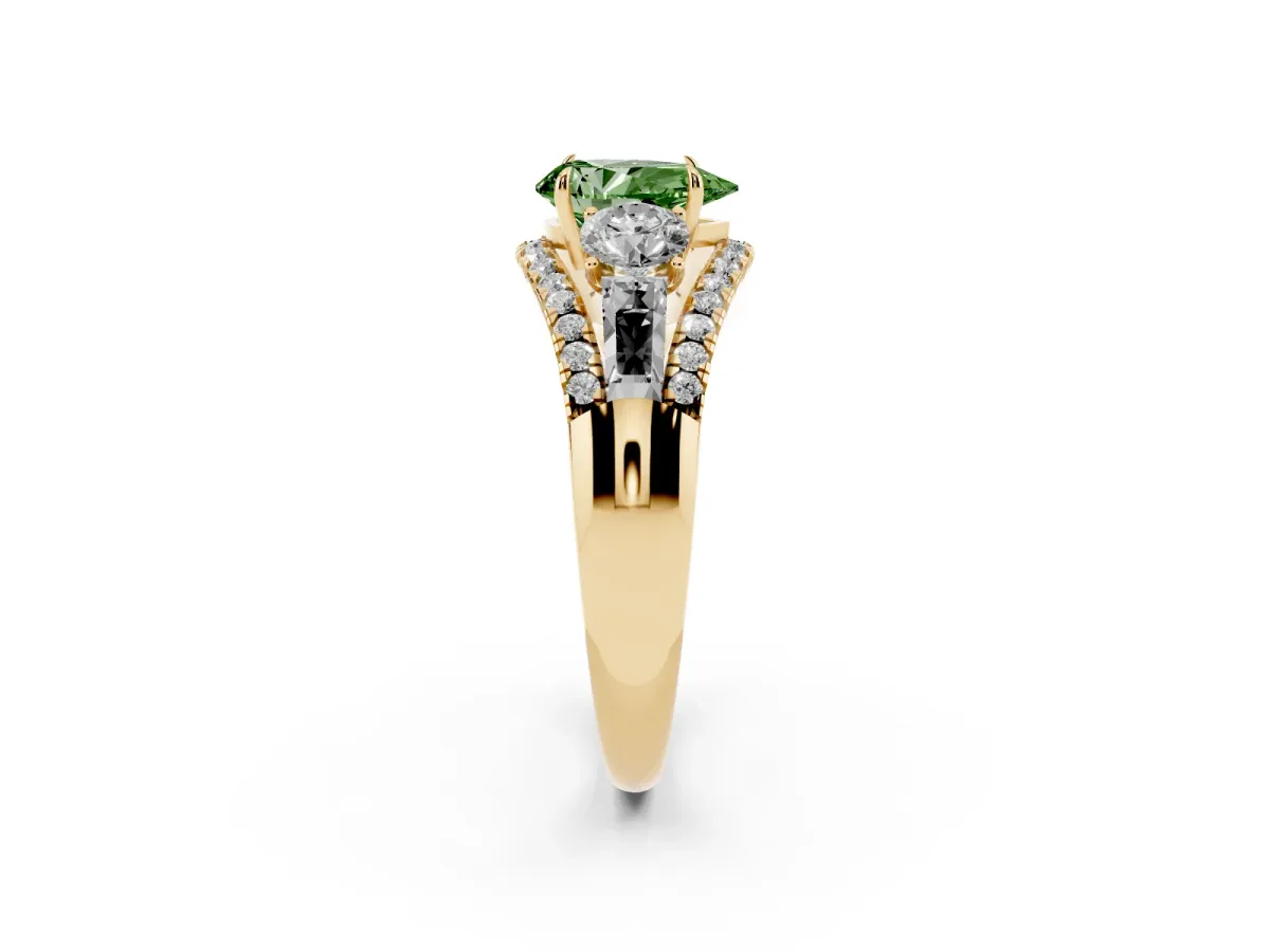 Fancy Green Three-Stone Pear Cut Diamond Engagement Ring with Pave Band and Prong Setting Yellow gold