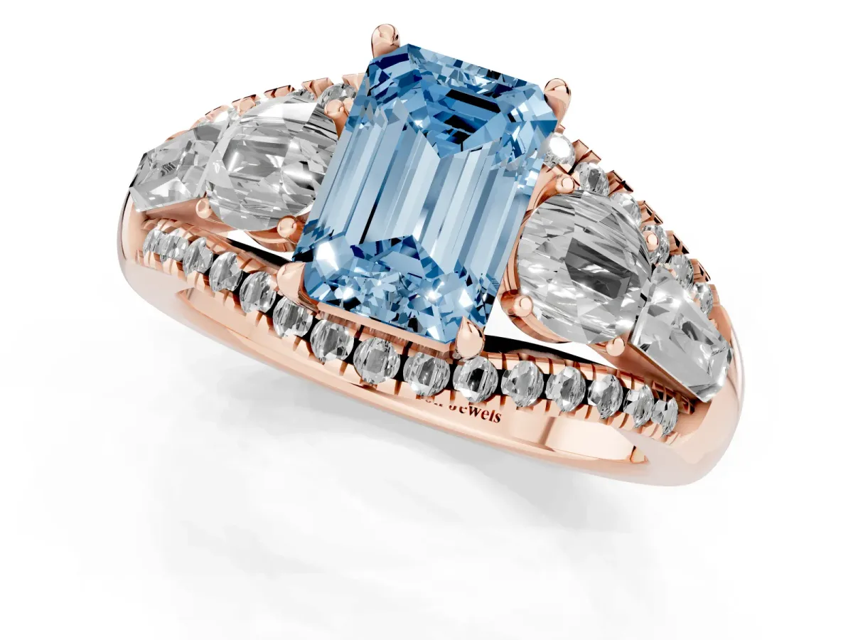 Fancy Blue Three-Stone Emerald Cut Diamond Engagement Ring with Pave Band and Prong Setting Rose gold