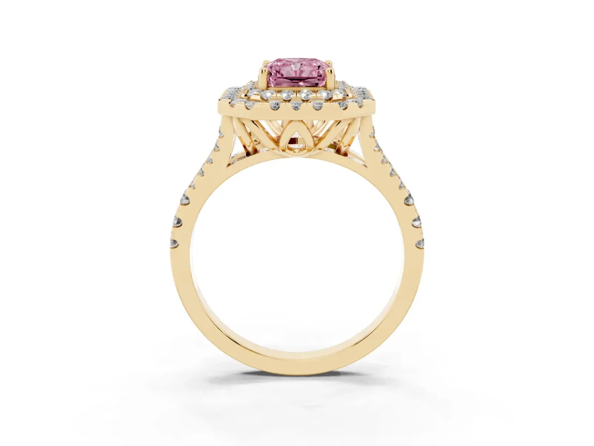 Fancy Pink Double Halo Radiant Cut Diamond Pavé Split Shank Ring with Prong Setting Yellow gold