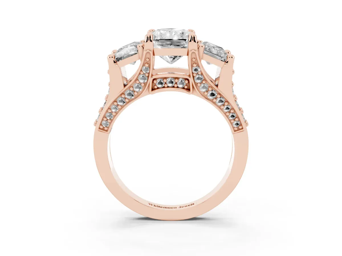 Radiant Cut Diamond Three-Stone Ring with Channel Set Band and Four-Prong Setting Rose gold