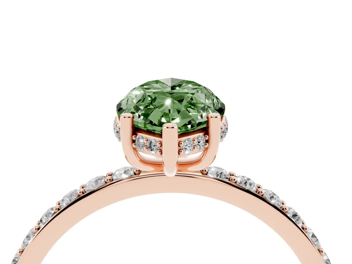 Fancy Green Marquise Cut Diamond Solitaire Ring with Pavé Band and Hidden Halo Rose gold