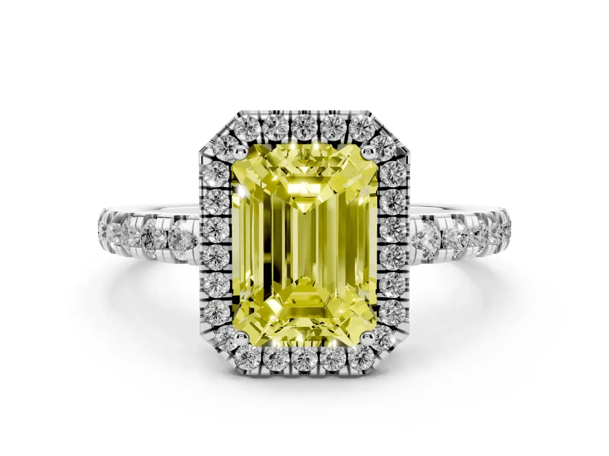 Fancy Yellow Emerald Cut Diamond Halo Ring with Pavé Band and Four-Prong Setting Platinum