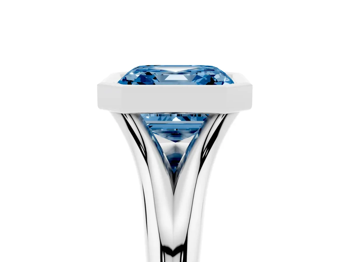 Fancy Blue Bezel Set Asscher Cut Solitaire Diamond Ring with Smooth Band White gold