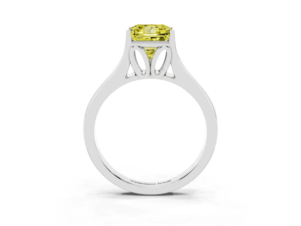 Fancy Yellow Princess Cut Solitaire Diamond Ring with Cathedral Band and Four-Prong Setting Silver
