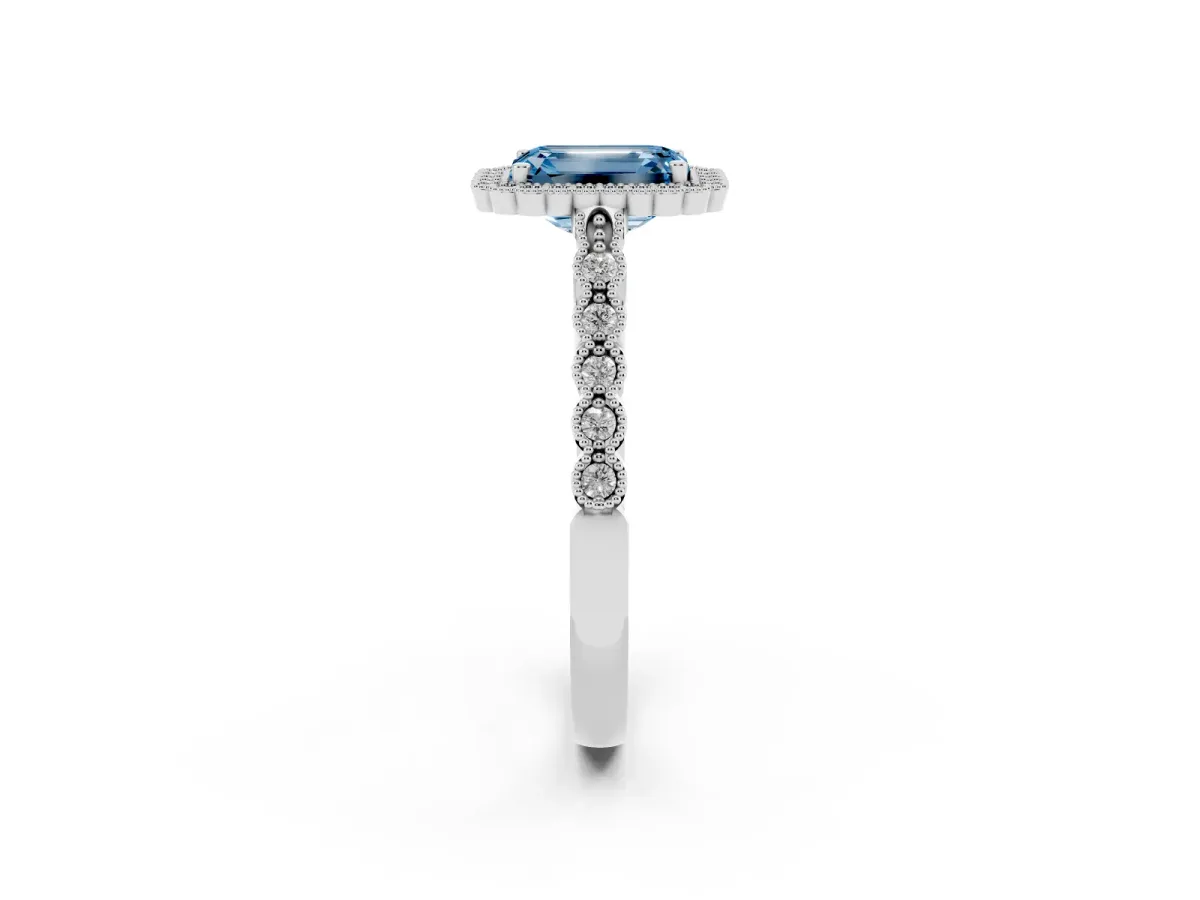 Fancy Blue Emerald Cut Cut Halo Pavé Solitaire Ring with Milgrain Band Silver
