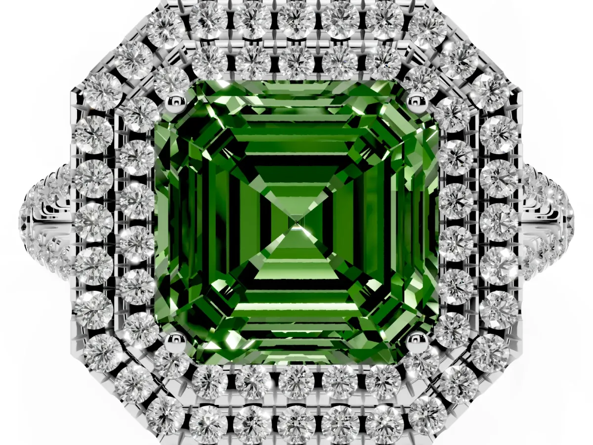 Fancy Green Asscher Cut Diamond Double Halo Ring with Pavé Band and Prong Setting Silver