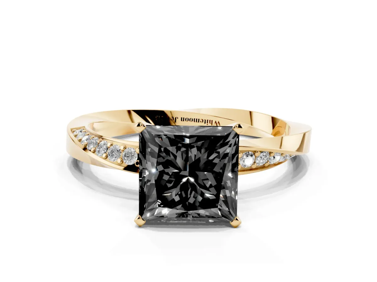 Fancy Black Princess Cut Diamond Engagement Ring with Side Stone Accents and Four-Prong Setting Yellow gold
