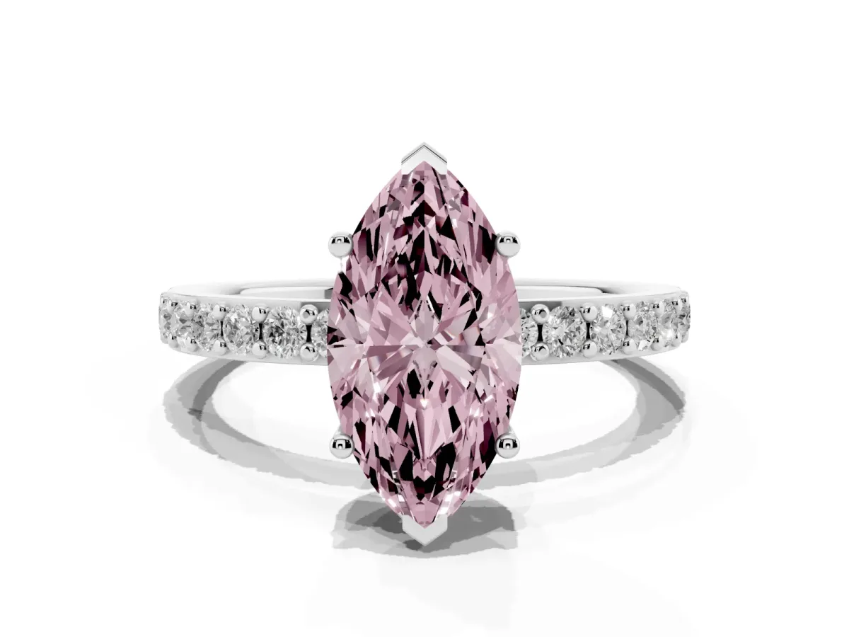 Fancy Pink Marquise Cut Cut Diamond Solitaire with Pave Band and Four-Prong Setting Silver
