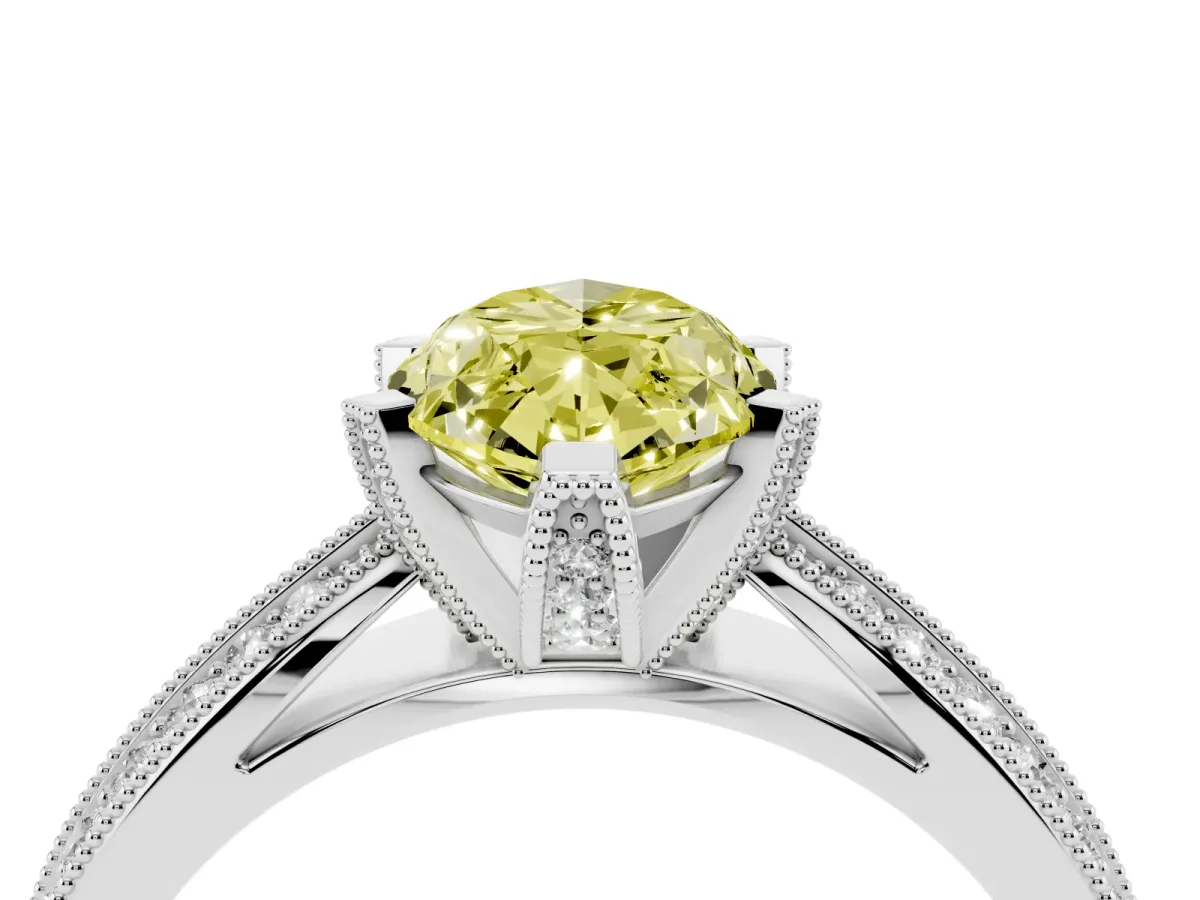 Fancy Yellow Marquise Cut Diamond Solitaire Ring with Milgrain Round Pavé Band and Prong Setting Silver