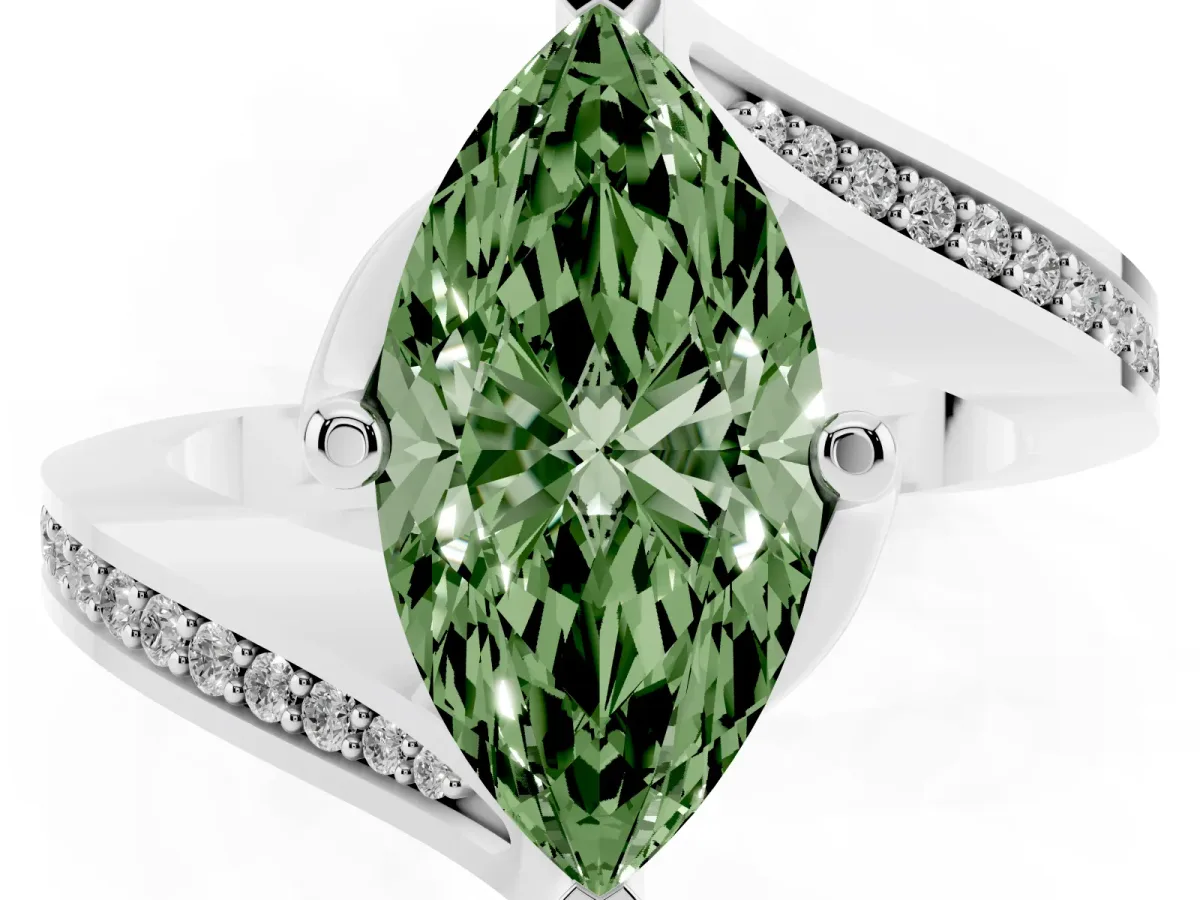 Fancy Green Marquise Cut Solitaire Diamond Twist Band with Pavé Setting and Four-Prong Setting Silver