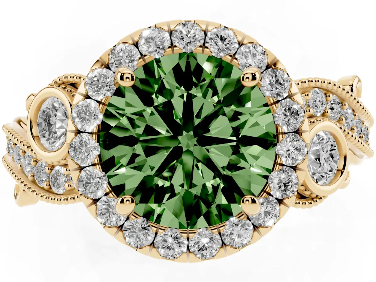 Fancy Green Round Cut Halo Diamond Ring with Milgrain and Bezel Accents on a Split Shank Band Yellow gold