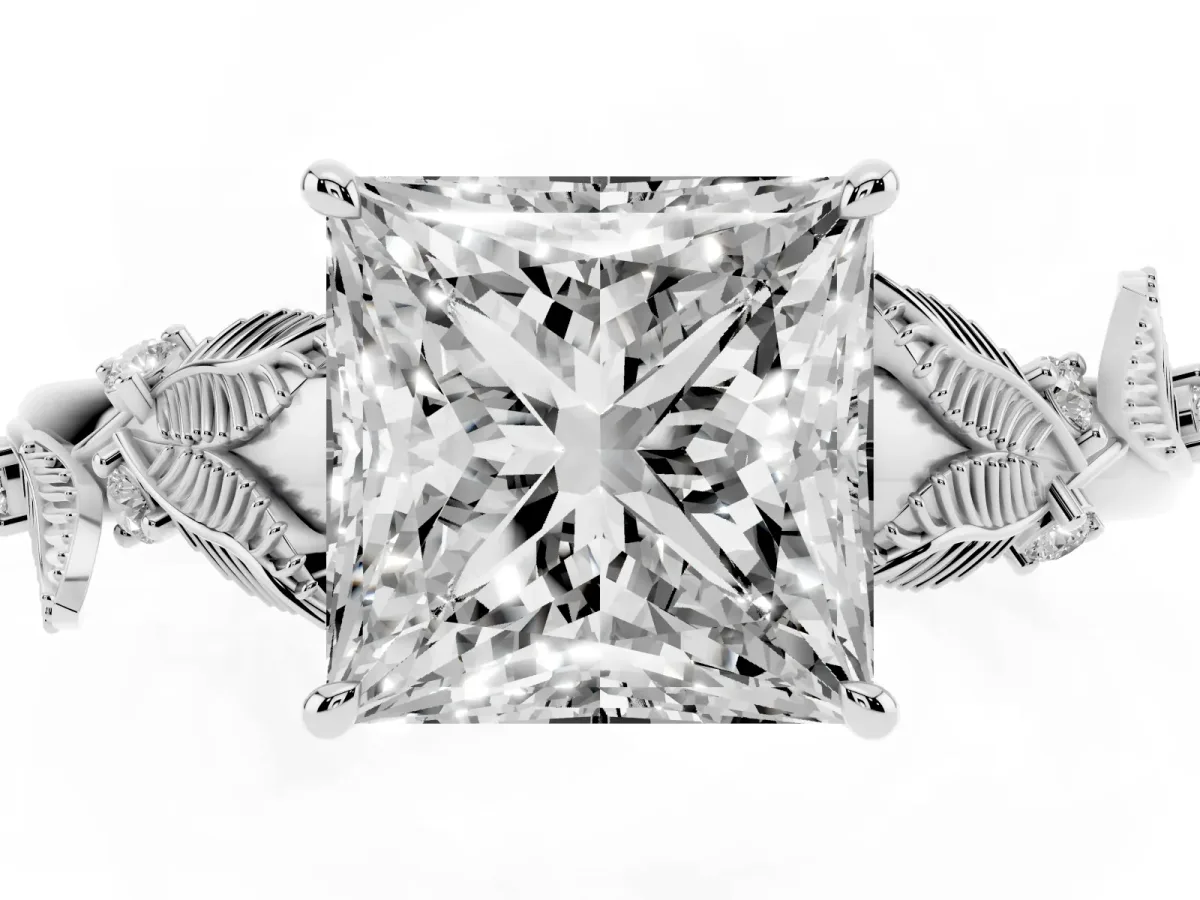Princess Cut Diamond Solitaire Ring with Leaf Motif Band and Four-Prong Setting Silver