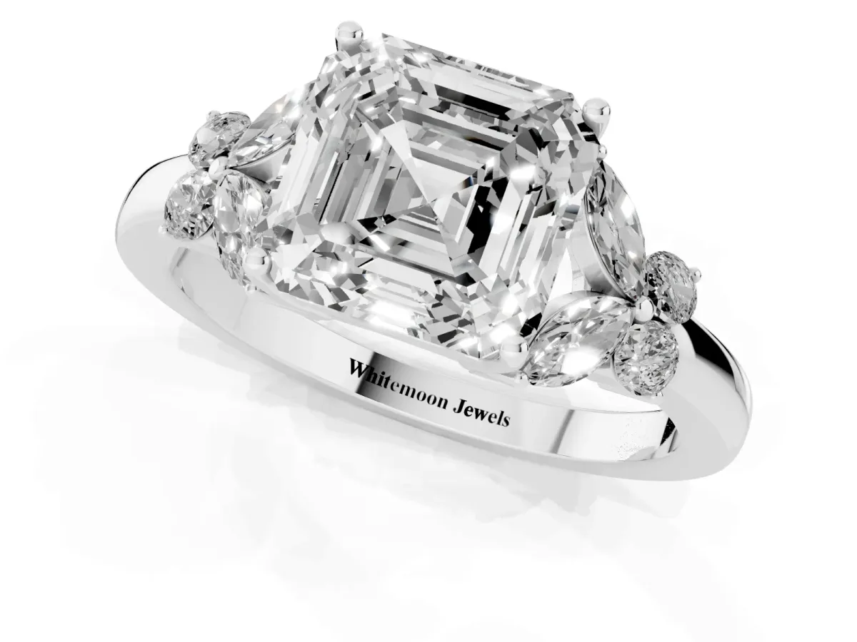 Asscher Cut Cut Solitaire Floral Diamond Ring with Four-Prong Setting Silver