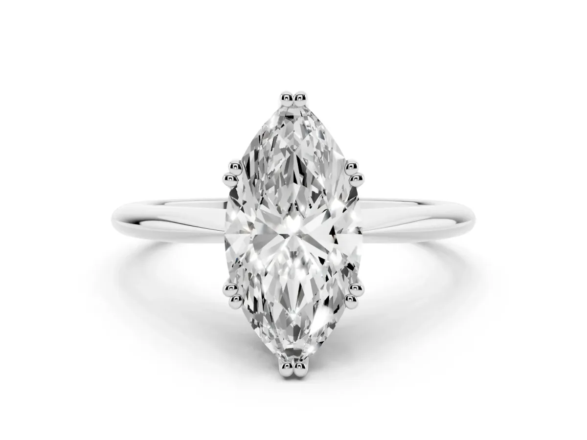 Marquise Cut Solitaire Diamond Ring with Six-Prong Setting and Classic Band Silver