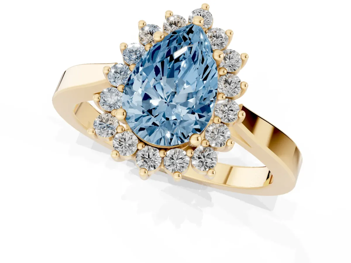 Fancy Blue Pear Cut Cut Diamond Halo Ring with Round Brilliant Halo and Solitaire Band Yellow gold