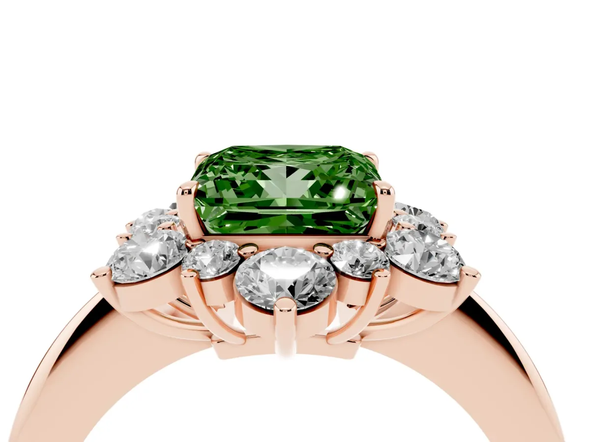 Fancy Green Princess Cut Diamond Cluster Halo Ring with Solitaire Band and Four-Prong Setting Rose gold