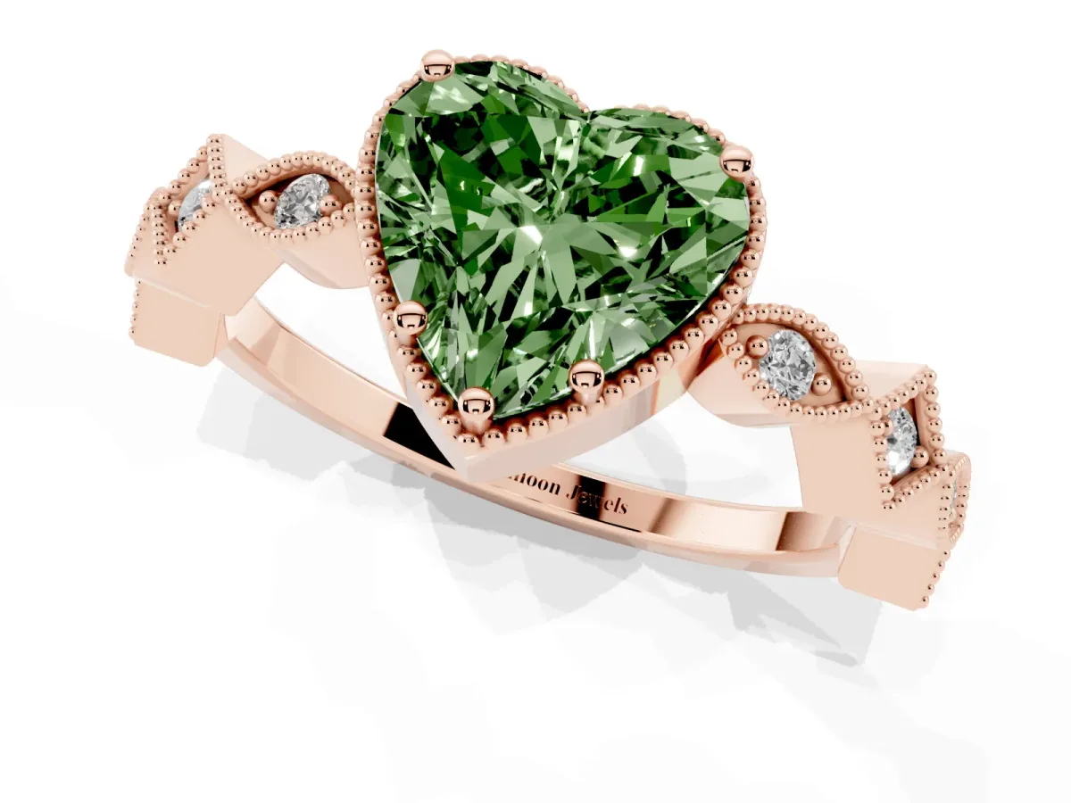 Fancy Green Heart Cut Milgrain Marquise Diamond Twist Band Ring Rose gold