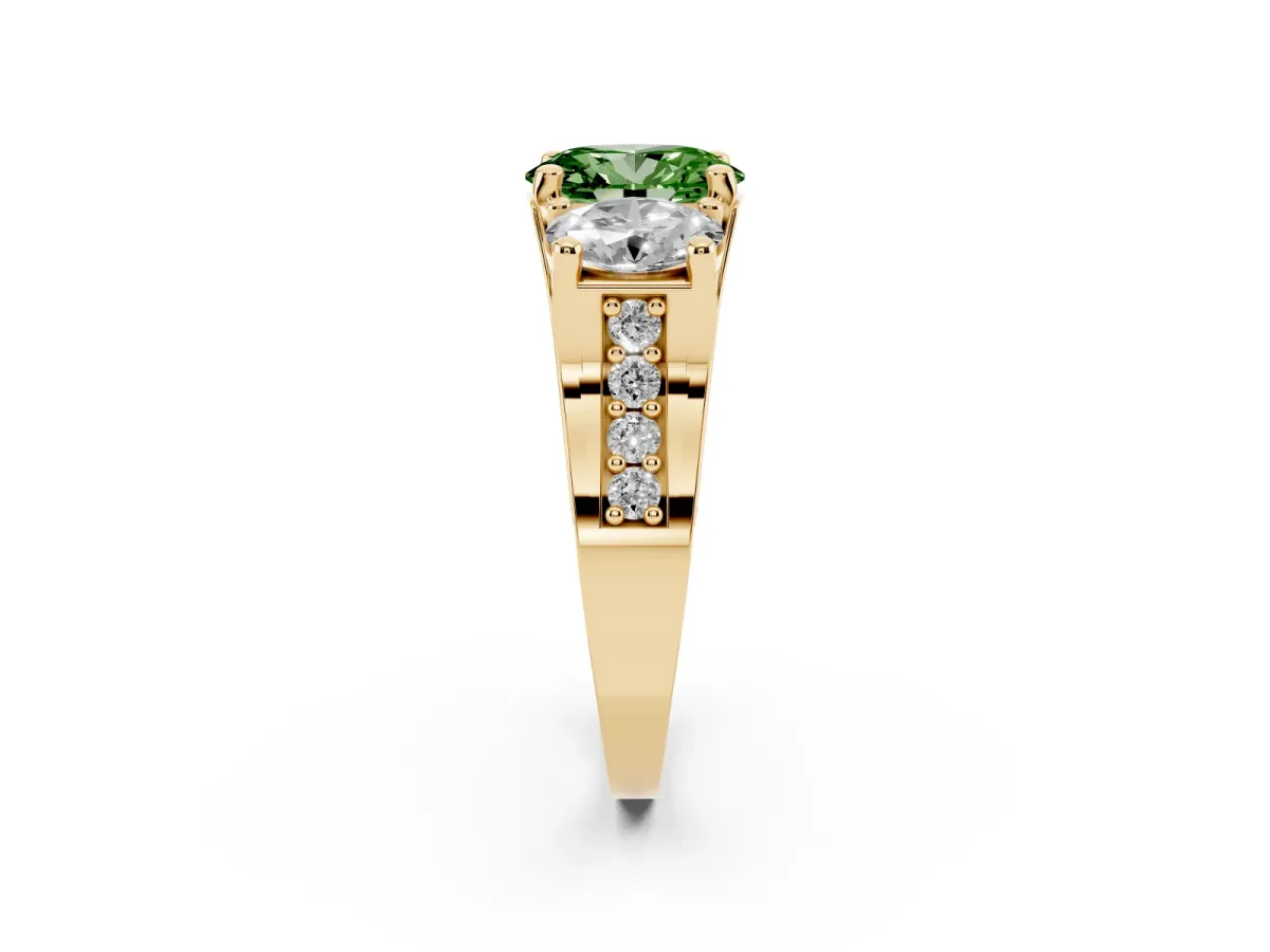 Fancy Green Oval Cut Diamond Three-Stone Ring with Channel Set Band and Four-Prong Setting Yellow gold