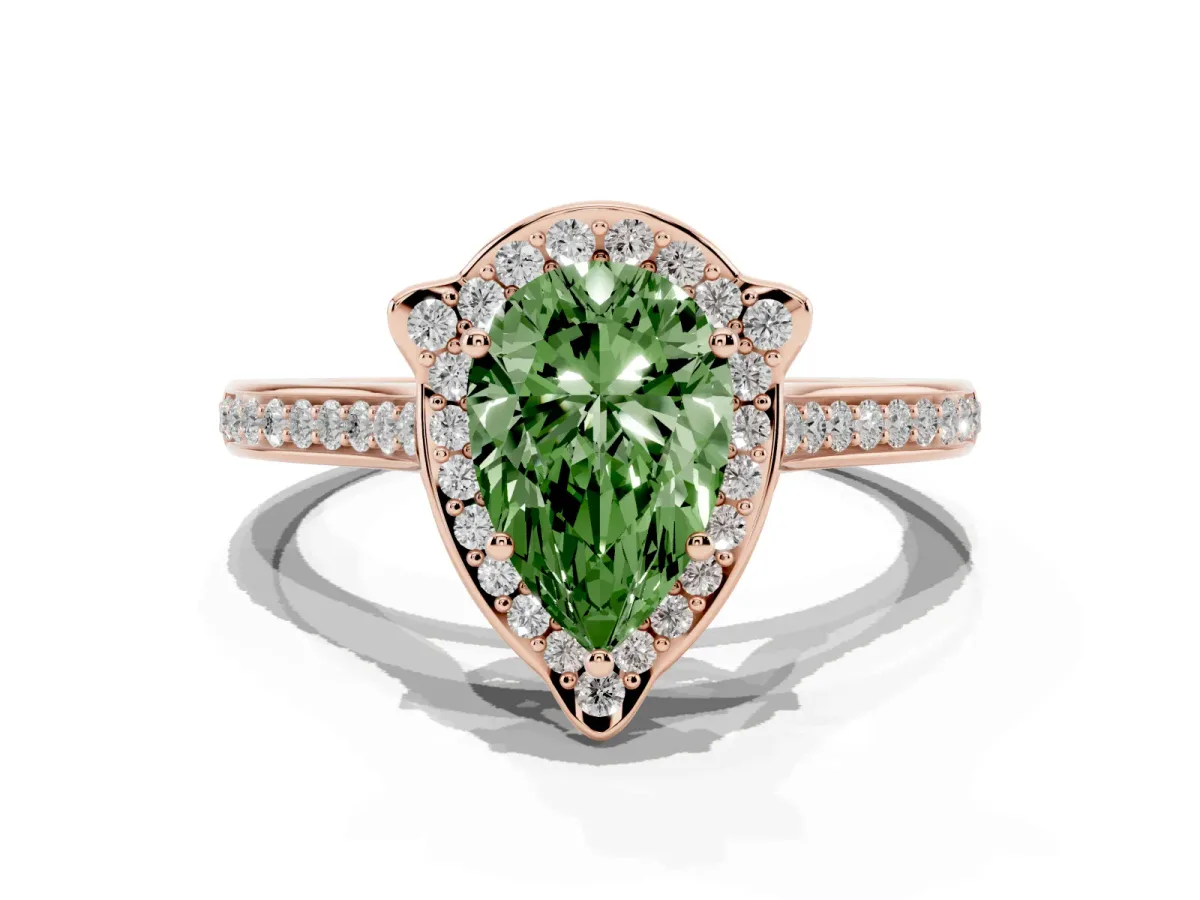 Fancy Green Pear Cut Halo Round Diamond Pave Band with Four-Prong Setting Rose gold
