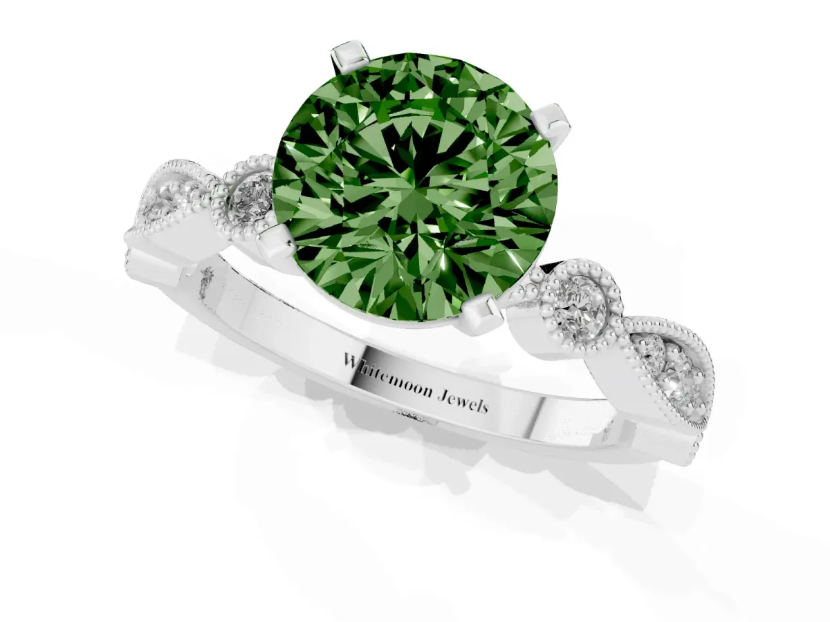 Fancy Green Round Cut Milgrain Bezel Diamond Engagement Ring with Solitaire Prong Setting Silver