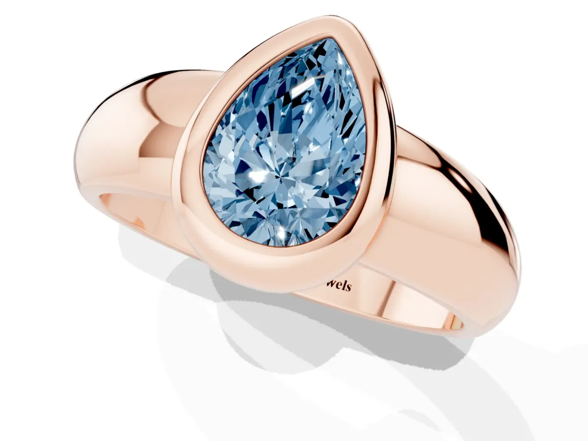 Fancy Blue Bezel Set Pear Cut Solitaire Ring with Wide Band Rose gold