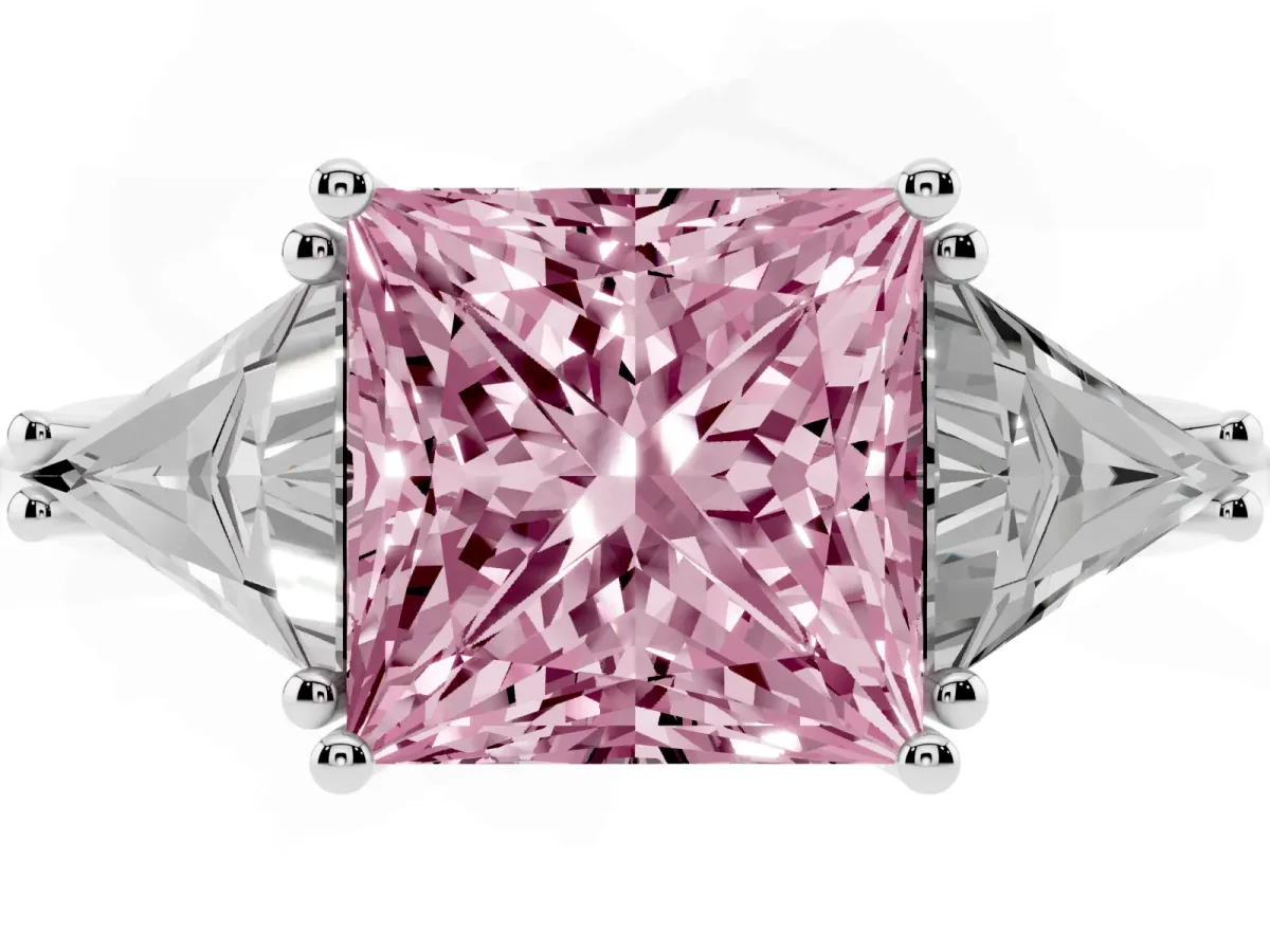 Fancy Pink Three-Stone Princess Cut Diamond Engagement Ring with Trillion Side Stones and Prong Setting White gold