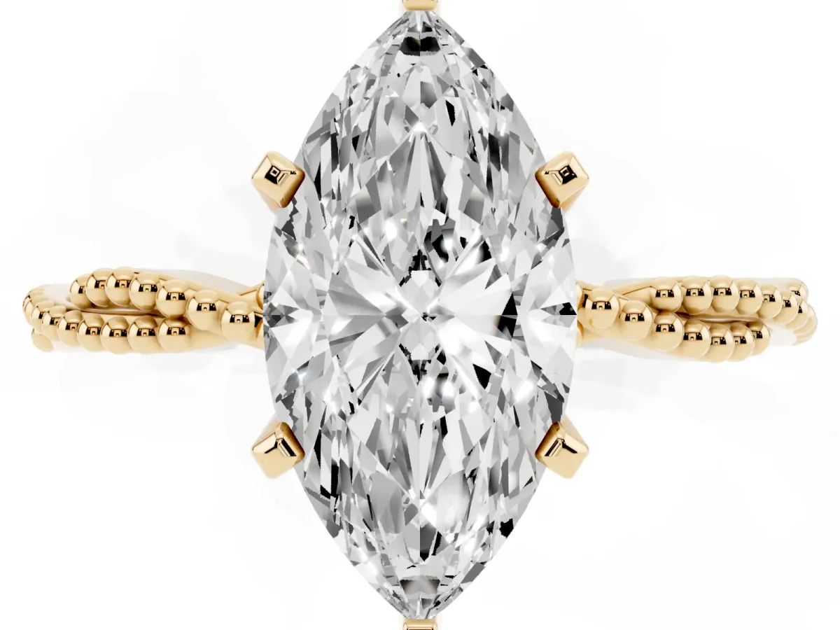Marquise Cut Solitaire Twisted Band with Bead Prong Setting Yellow gold