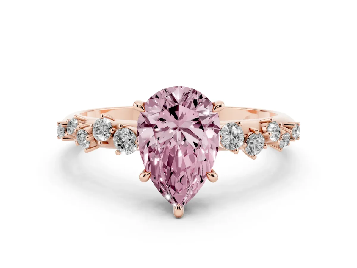 Fancy Pink Pear Cut Diamond Cluster Side Stone Solitaire Ring with Prong Setting Rose gold