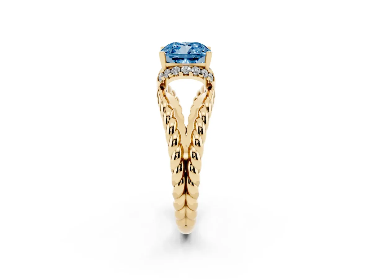 Fancy Blue Cushion Cut Halo Twisted Band Four-Prong Ring Yellow gold