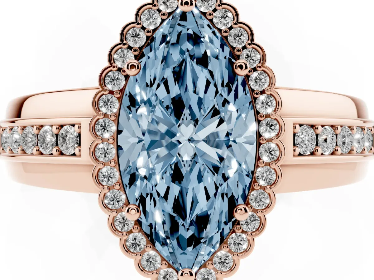 Fancy Blue Marquise Cut Cut Halo Pave Band Four-Prong Ring Rose gold