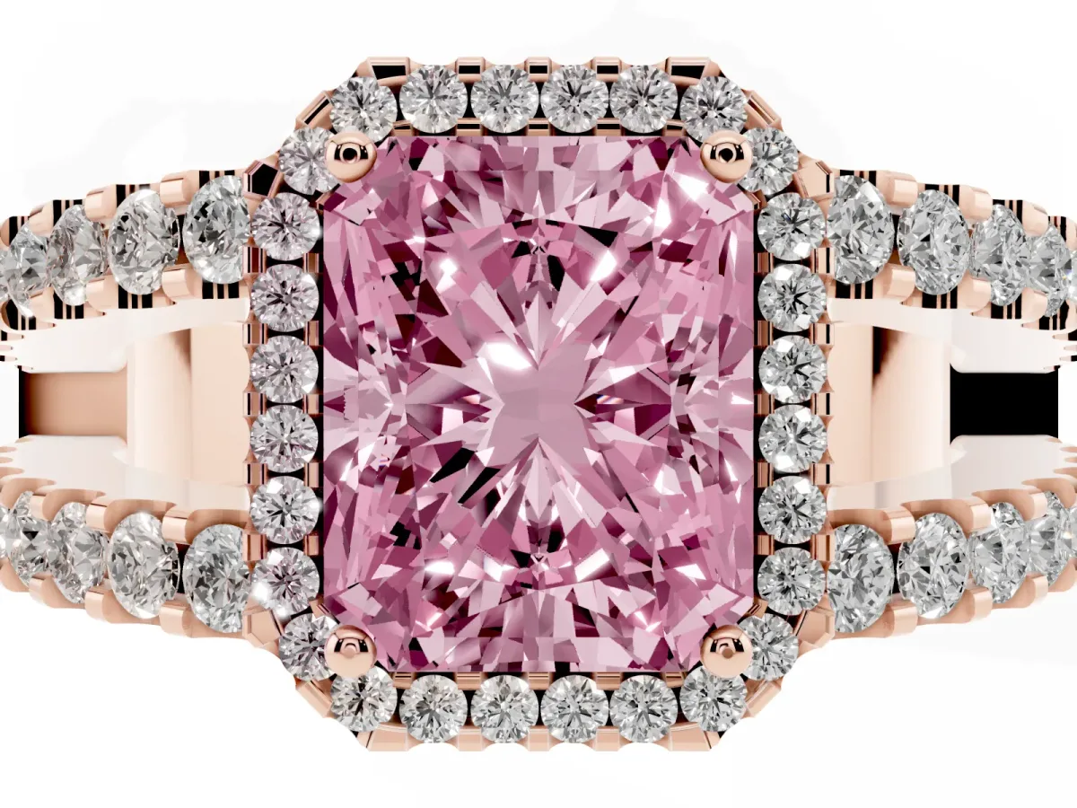 Fancy Pink Radiant Cut Cut Halo Split Shank Diamond Ring with Four-Prong Setting Rose gold