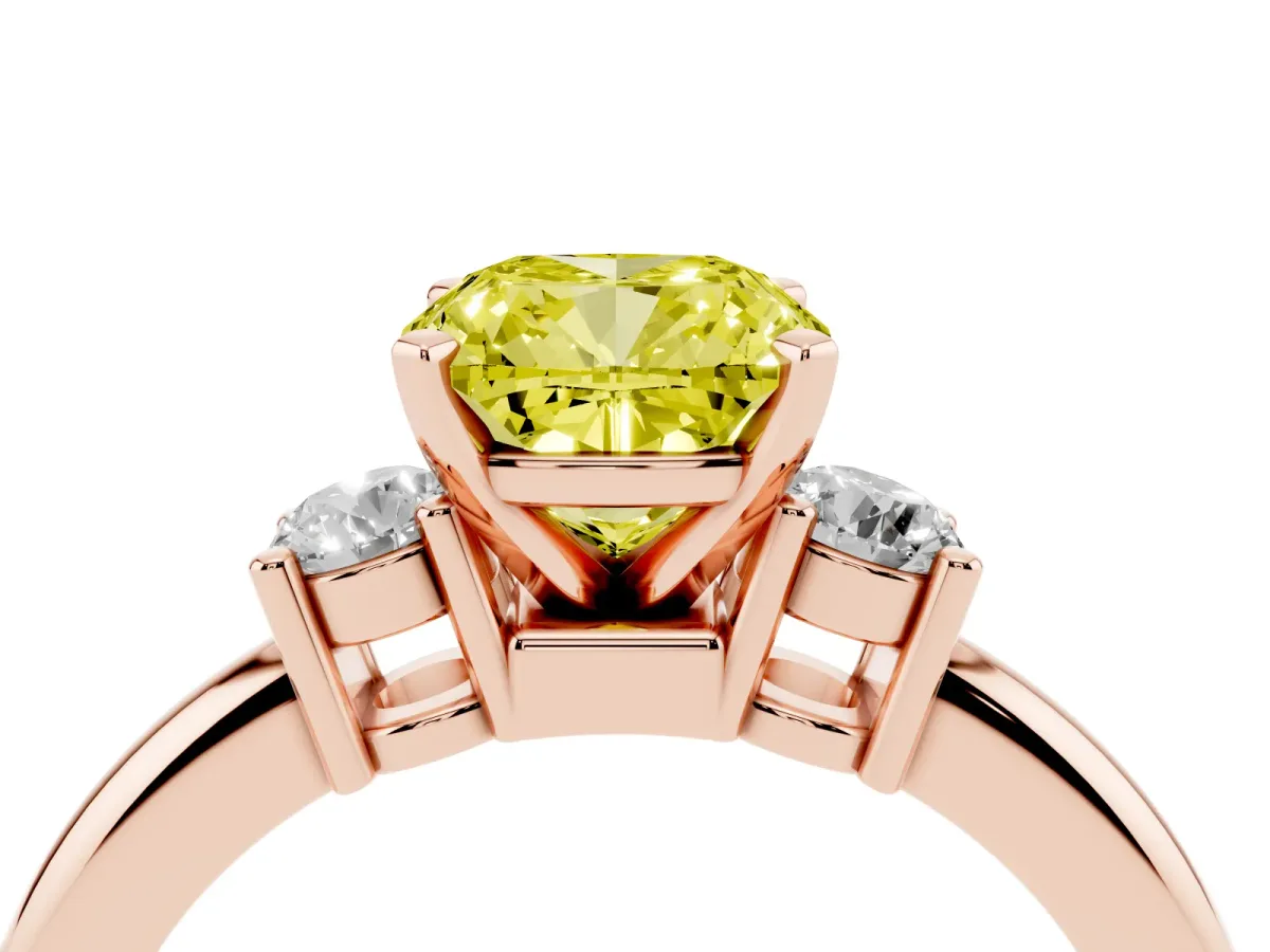 Fancy Yellow Three-Stone Cushion Cut Cut Diamond Solitaire with Prong Setting and Classic Band Rose gold