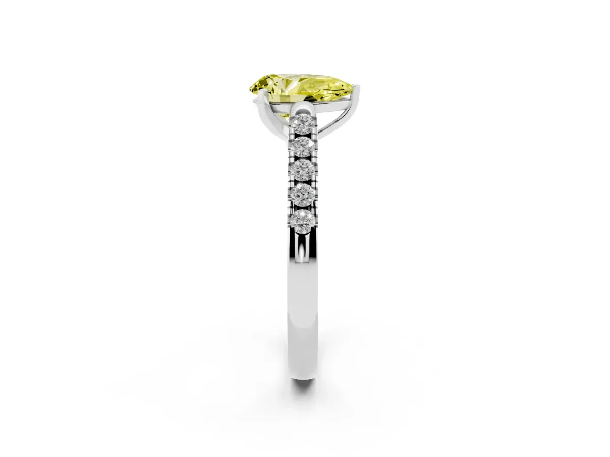 Fancy Yellow Pear Cut Diamond Pavé Band Solitaire Ring with Prong Setting Silver
