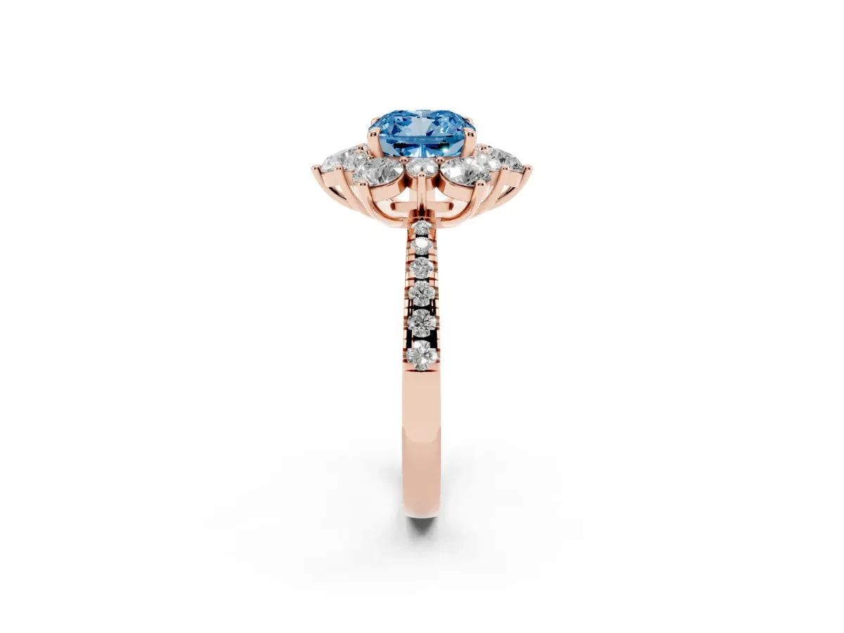 Fancy Blue Cushion Cut Diamond Floral Halo Ring with Round Pavé Band and Prong Setting Rose gold