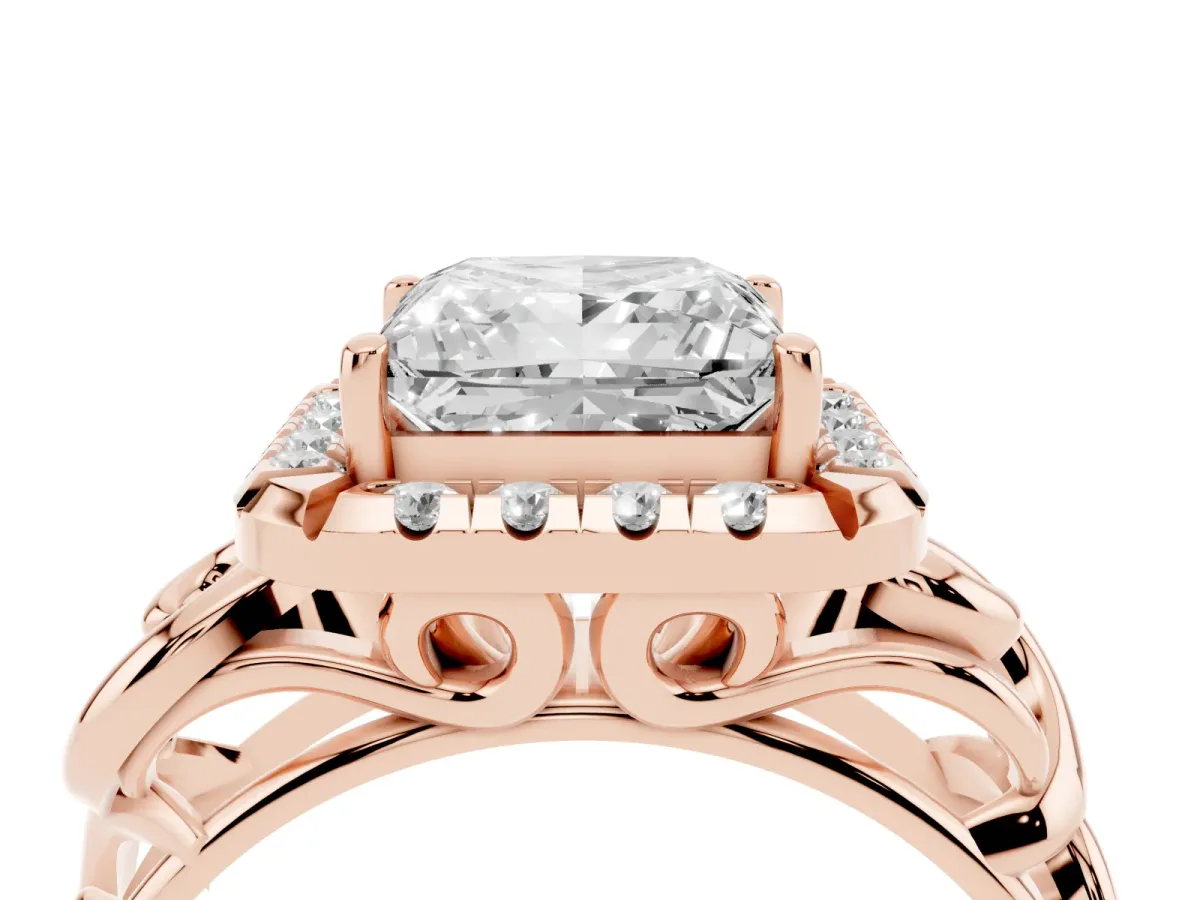 Princess Cut Cut Halo Diamond Ring with Scrollwork Band and Four-Prong Setting Rose gold