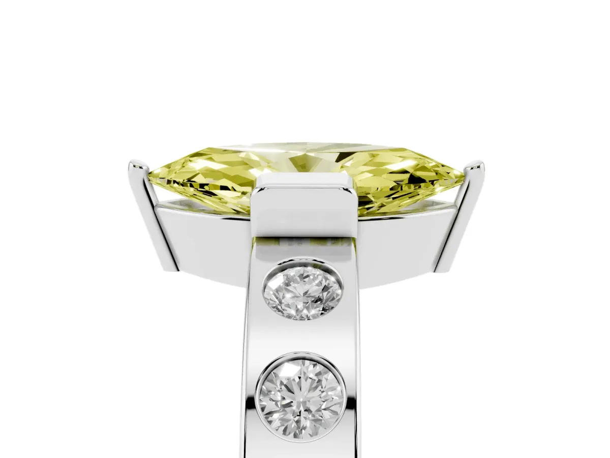 Fancy Yellow Marquise Cut Brilliant Channel-Set Diamond Ring with Bezel Prong Setting Silver