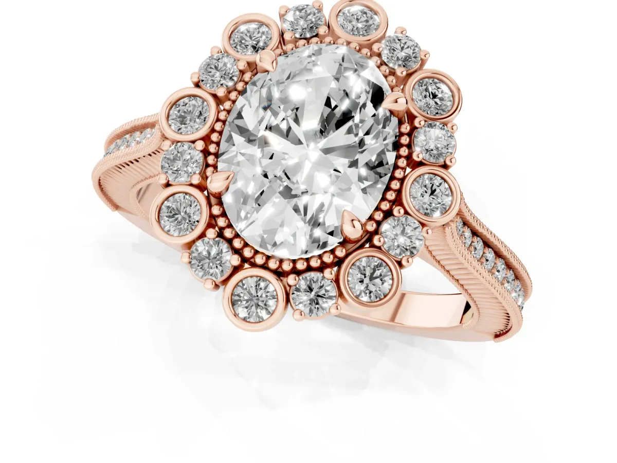 Oval Cut Halo Milgrain Pave Diamond Ring with Four-Prong Setting Rose gold