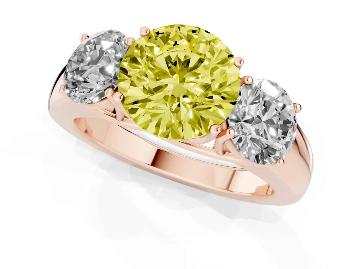 Fancy Yellow Three-Stone Round Cut Cut Diamond Ring with Prong Setting and Classic Band Rose gold