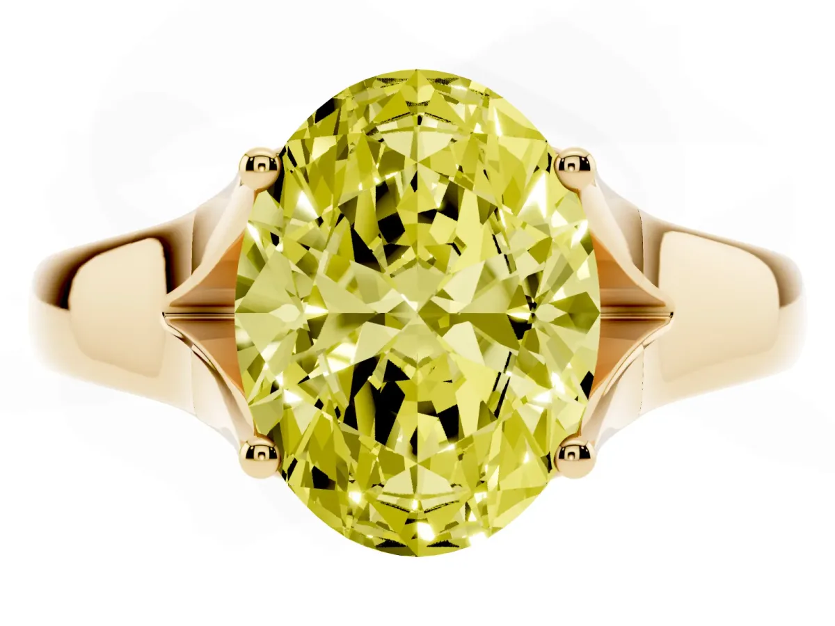 Fancy Yellow Oval Cut Solitaire Diamond Ring with Cathedral Band and Four-Prong Setting Yellow gold