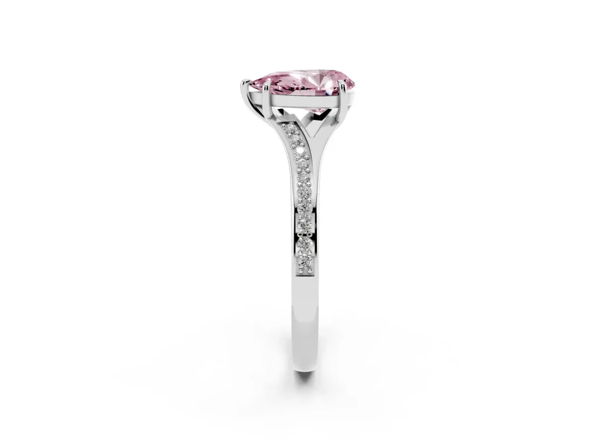 Fancy Pink Pear Cut Diamond Solitaire Ring with Pavé Band and Prong Setting Silver