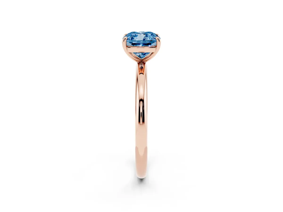 Fancy Blue Cushion Cut Solitaire Diamond Ring with Four-Prong Setting on a Plain Band Rose gold