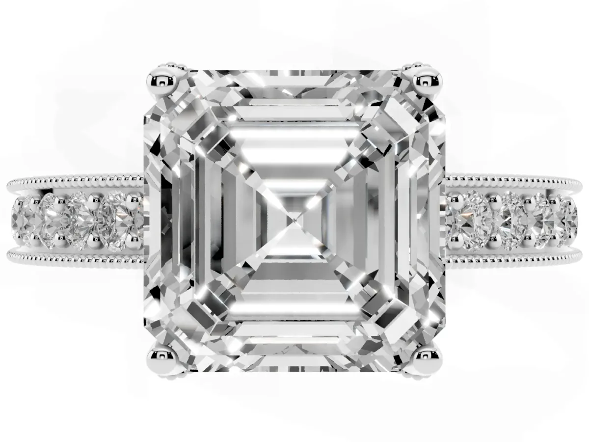 Asscher Cut Cut Diamond Solitaire Ring with Milgrain Pave Band and Four Prong Setting White gold