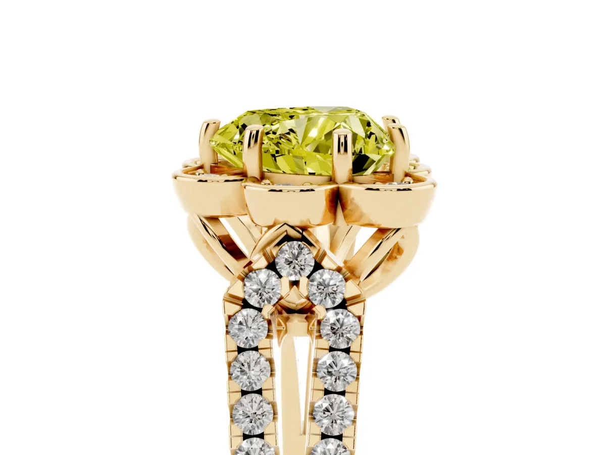 Fancy Yellow Heart Cut Halo Diamond Floral Split Shank Engagement Ring Yellow gold