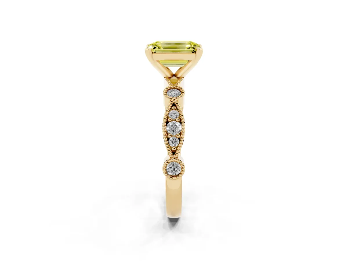 Fancy Yellow Emerald Cut Milgrain Bezel Diamond Engagement Ring with Solitaire Prong Setting Yellow gold