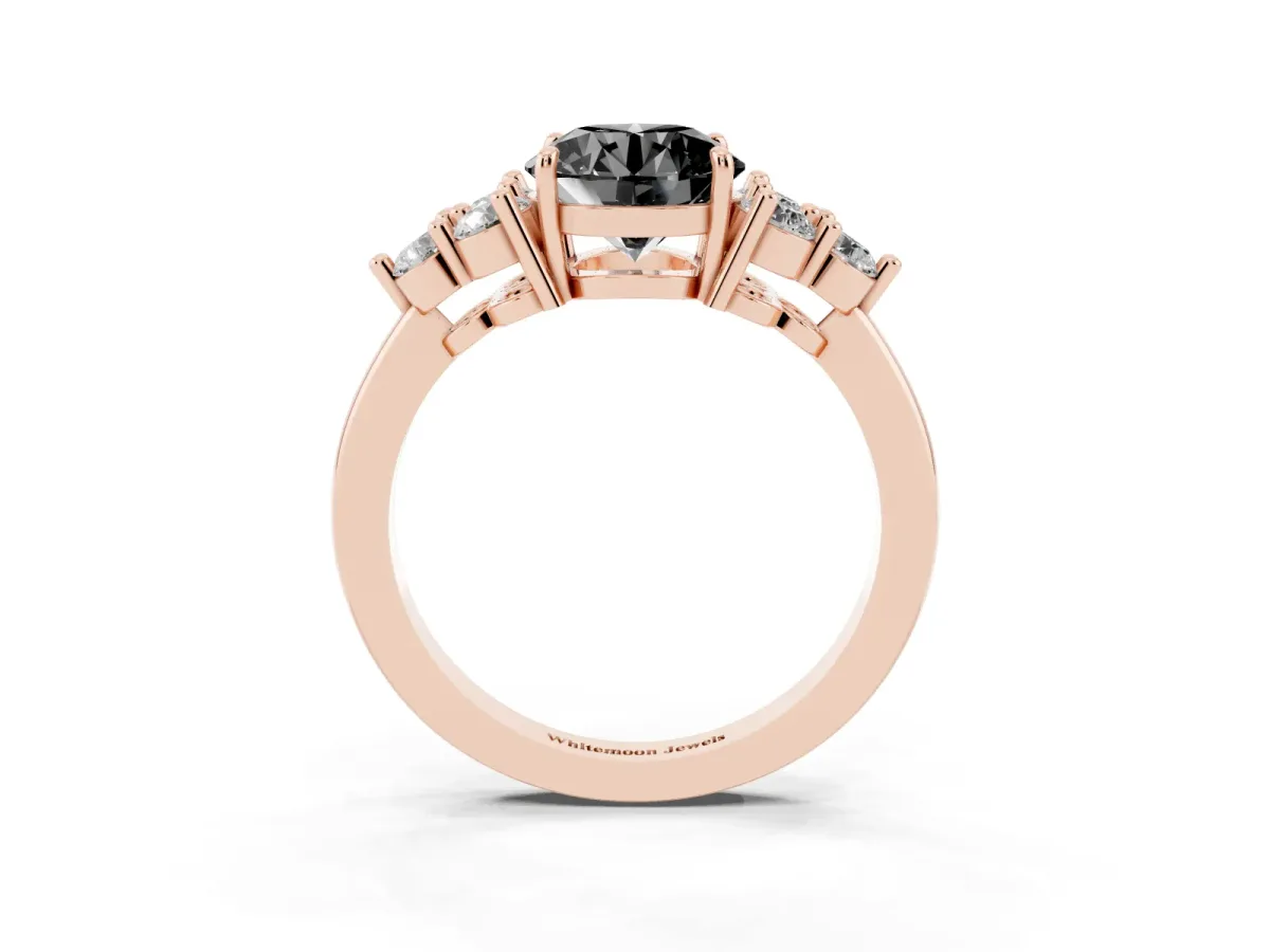 Fancy Black Round Cut Brilliant Diamond Cluster Accent Solitaire Ring with Prong Setting Rose gold