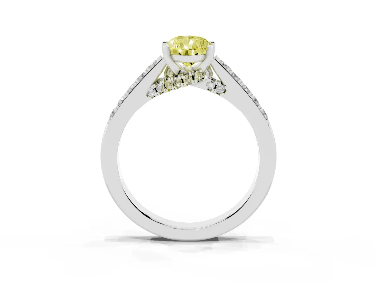 Fancy Yellow Pear Cut Diamond Solitaire Ring with Crossover Gallery and Round Pavé Band Silver