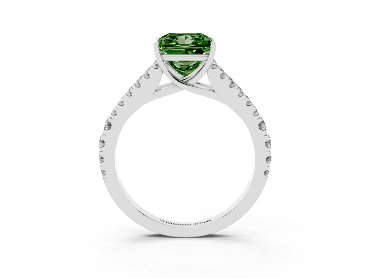 Fancy Green Princess Cut Diamond Split Shank Pavé Engagement Ring with Four-Prong Setting Platinum