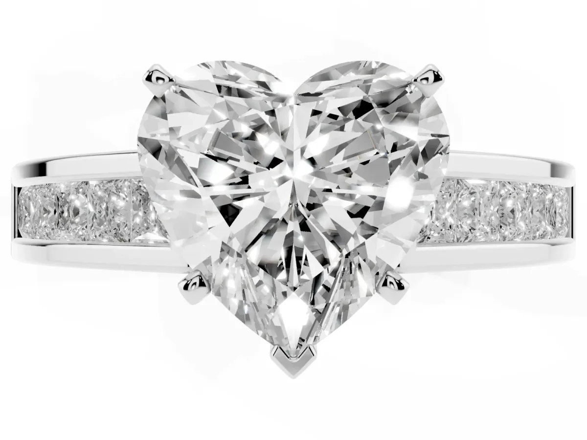 Heart Cut Solitaire Diamond Ring with Channel-Set Band and Four-Prong Setting Silver