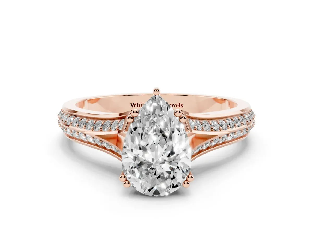 Pear Cut Diamond Split Shank Engagement Ring with Pavé Band Rose gold